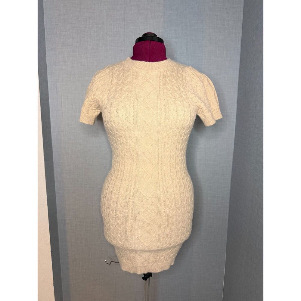POL Cream Cable Knit Sweater Dress L Short Sleeve Bodycon Mini Fuzzy Old Money